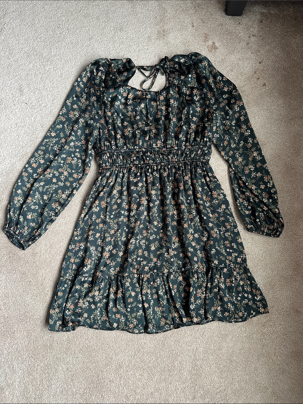 Kids Floral Smocked Waist Long-Sleeve Dress - Dark Green